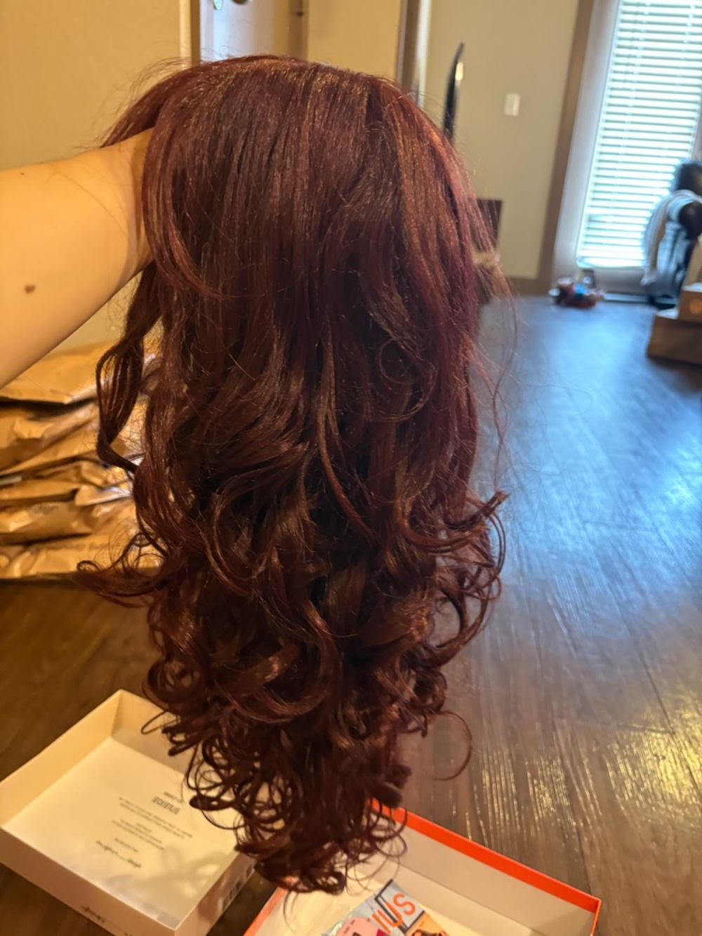 GORGIUS Wig with Bangs Burgundy Synthetic Curtain Realistic Scalp 22 Inch